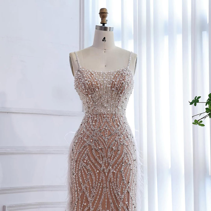 Luxury White Nude Spaghetti Strap Feathers Beaded Mermaid Dress LA72823 - SERENE  HILL