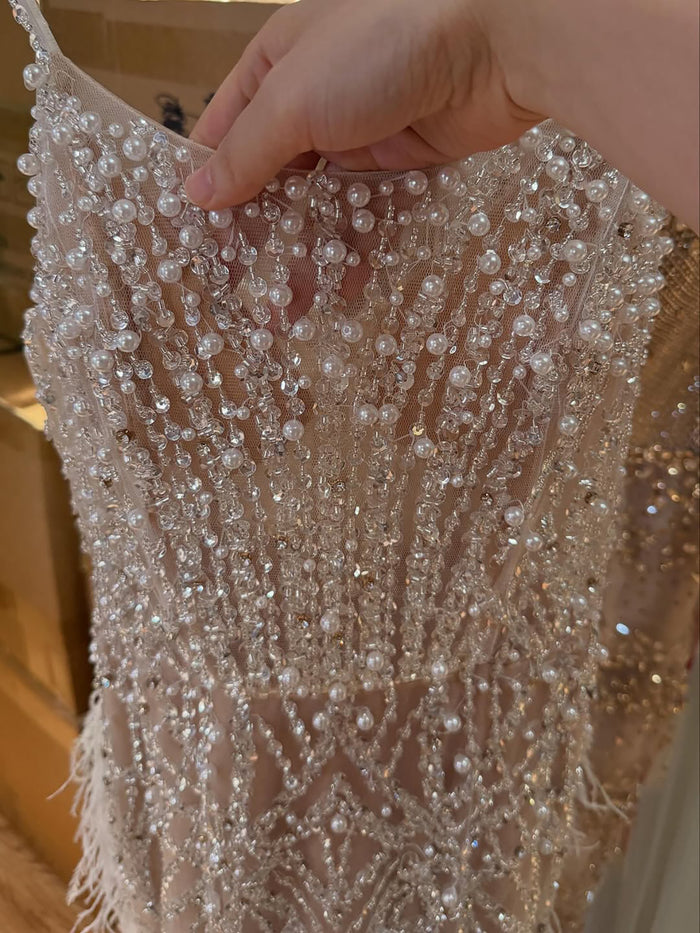 Luxury White Nude Spaghetti Strap Feathers Beaded Mermaid Dress LA72823 - SERENE  HILL