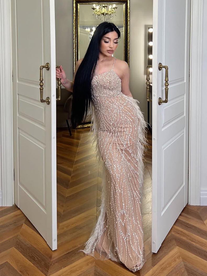 Luxury White Nude Spaghetti Strap Feathers Beaded Mermaid Dress LA72823 - SERENE  HILL