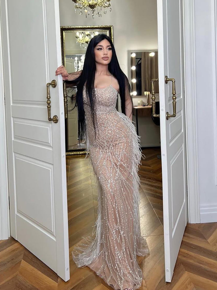 Luxury White Nude Spaghetti Strap Feathers Beaded Mermaid Dress LA72823 - SERENE  HILL