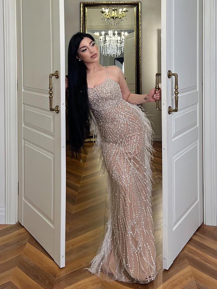 Luxury White Nude Spaghetti Strap Feathers Beaded Mermaid Dress LA72823 - SERENE  HILL