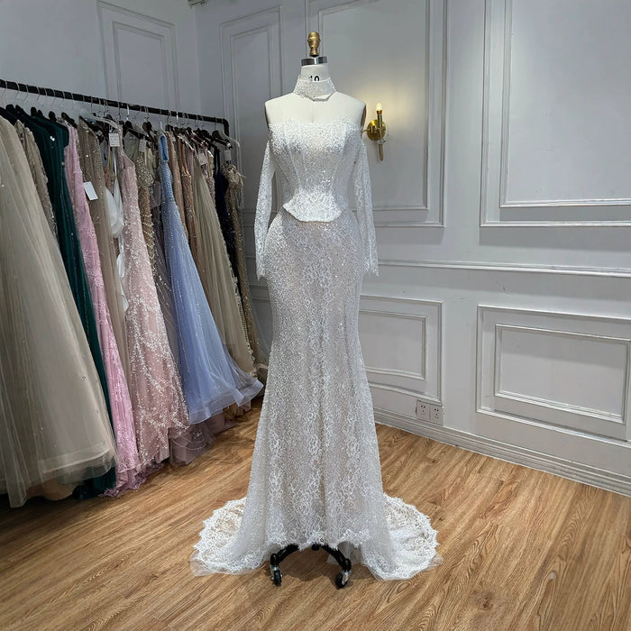 Luxury White Off the Shoulder Beaded Lace Mermaid Bridal Gown LA73878 SERENE HILL