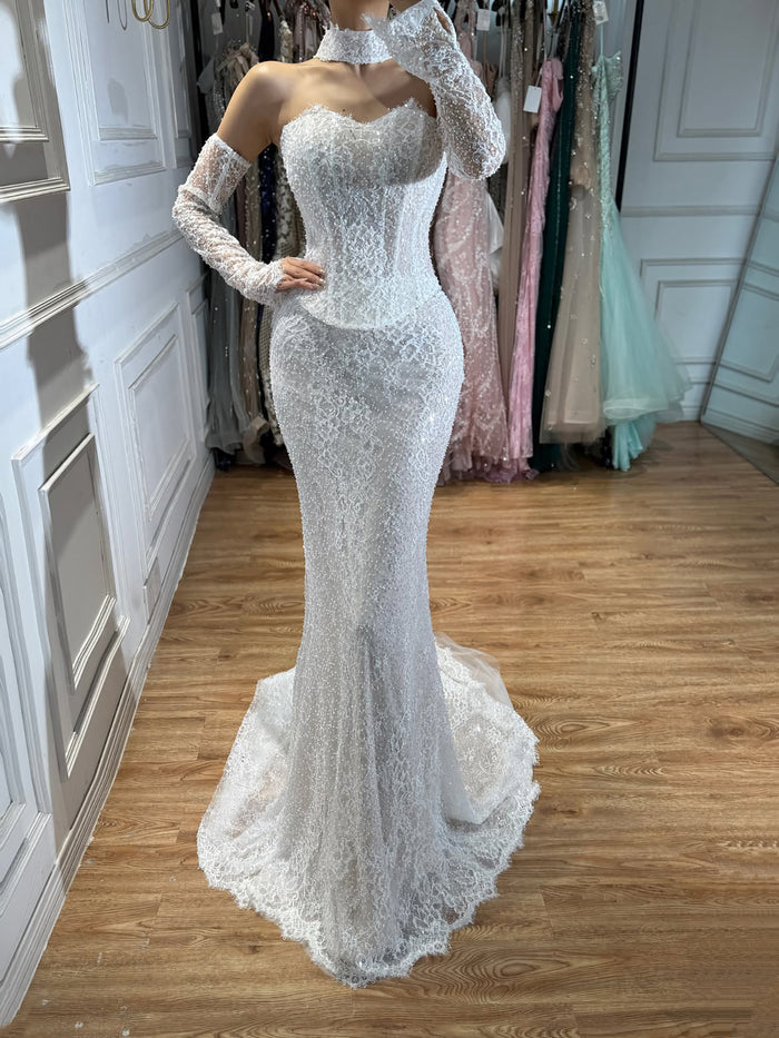 Luxury White Off the Shoulder Beaded Lace Mermaid Bridal Gown LA73878 SERENE HILL