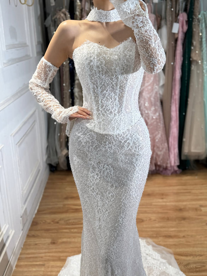 Luxury White Off the Shoulder Beaded Lace Mermaid Bridal Gown LA73878 SERENE HILL