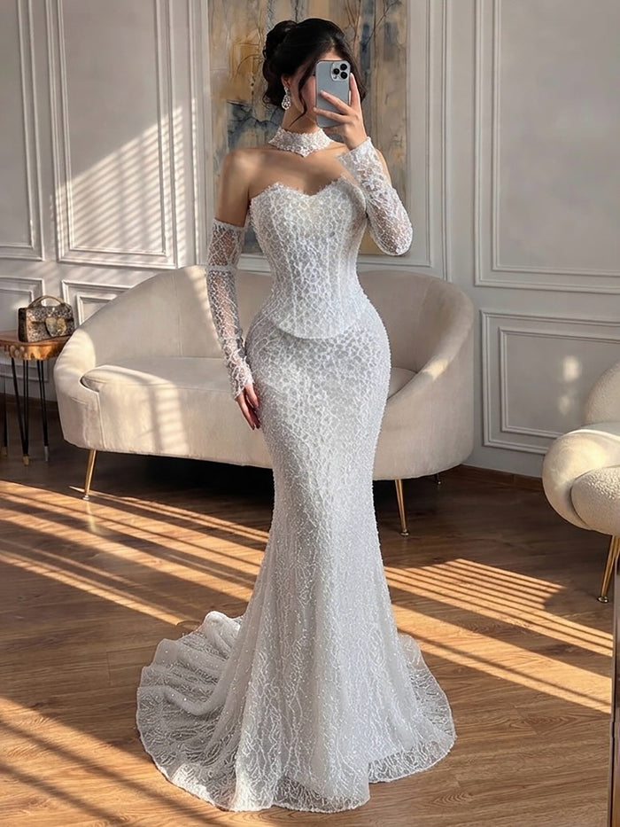 Luxury White Off the Shoulder Beaded Lace Mermaid Bridal Gown LA73878 SERENE HILL
