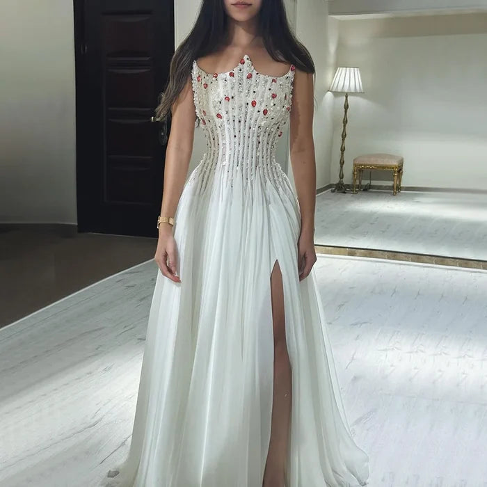 Luxury White Pearl Beaded Evening Dress Double Front Split LA72667 - SERENE HILL