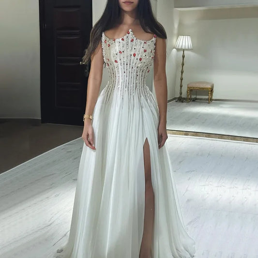 Luxury White Pearl Beaded Evening Dress Double Front Split LA72667 - SERENE HILL