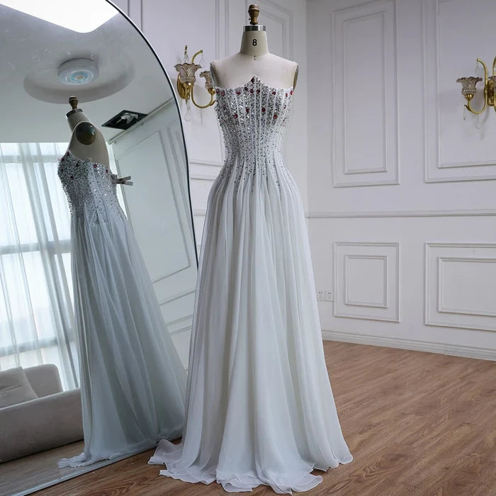 Luxury White Pearl Beaded Evening Dress Double Front Split LA72667 - SERENE HILL