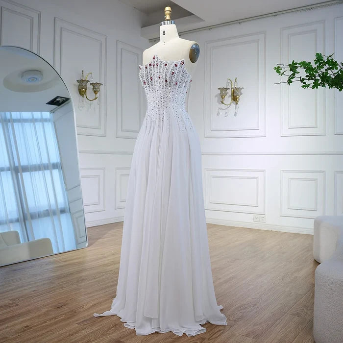 Luxury White Pearl Beaded Evening Dress Double Front Split LA72667 - SERENE HILL