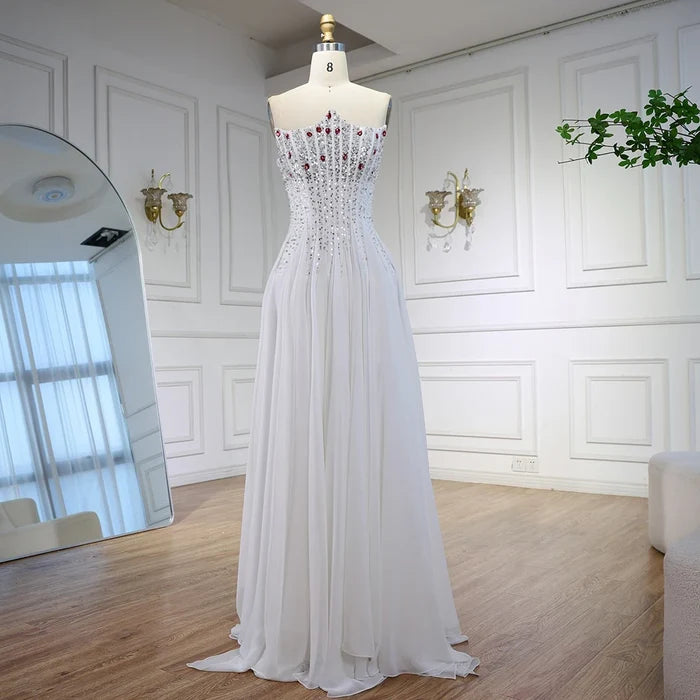 Luxury White Pearl Beaded Evening Dress Double Front Split LA72667 - SERENE HILL