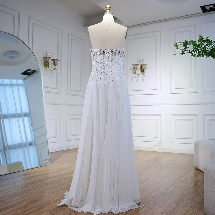Luxury White Pearl Beaded Evening Dress Double Front Split LA72667 - SERENE HILL