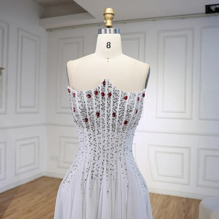 Luxury White Pearl Beaded Evening Dress Double Front Split LA72667 - SERENE HILL