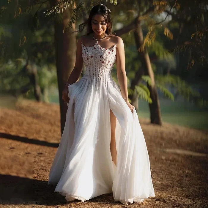 Luxury White Pearl Beaded Evening Dress Double Front Split LA72667 - SERENE HILL