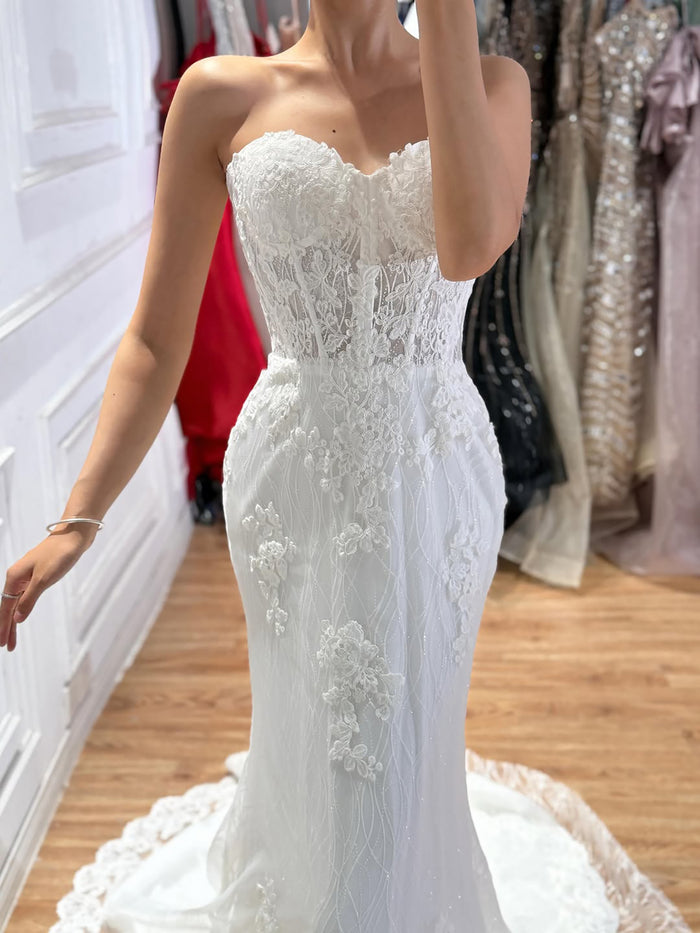 Luxury White Strapless See Through Lace Corset Mermaid Dress LA73771 SERENE HILL