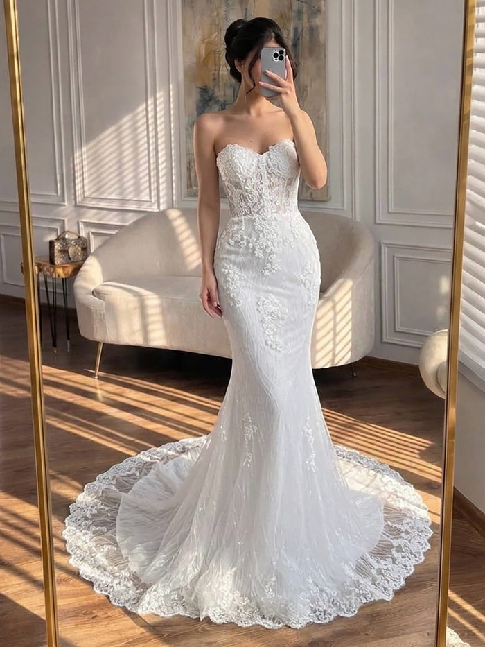 Luxury White Strapless See Through Lace Corset Mermaid Dress LA73771 SERENE HILL