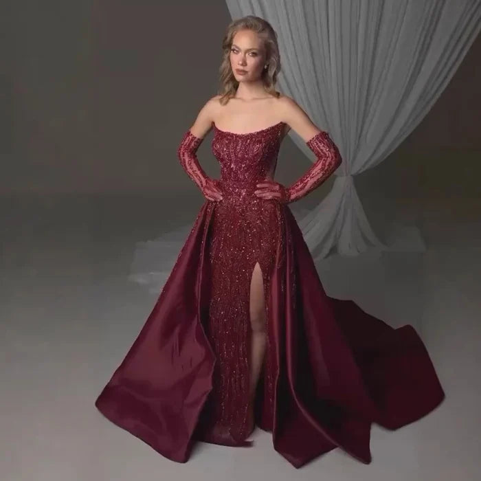 Luxury Wine Red Beaded Evening Dress Gown with Gloves and Overskirt LA72935 - SERENE HILL