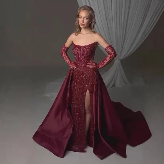 Luxury Wine Red Beaded Evening Dress Gown with Gloves and Overskirt LA72935 - SERENE HILL