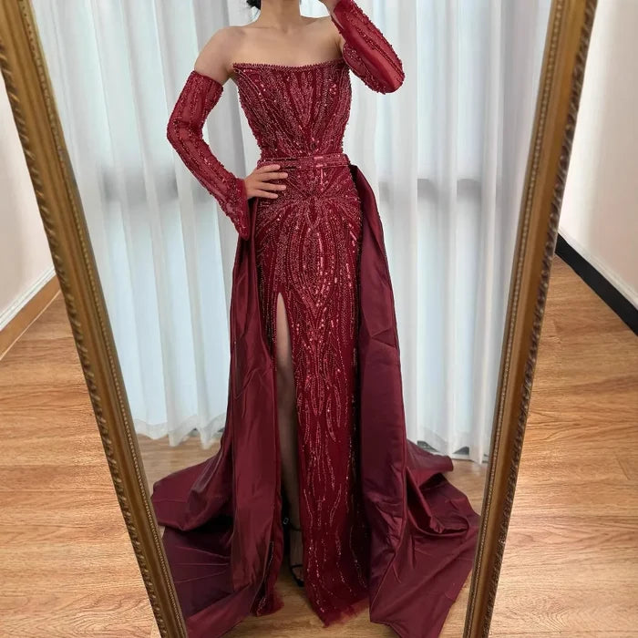 Luxury Wine Red Beaded Evening Dress Gown with Gloves and Overskirt LA72935 - SERENE HILL