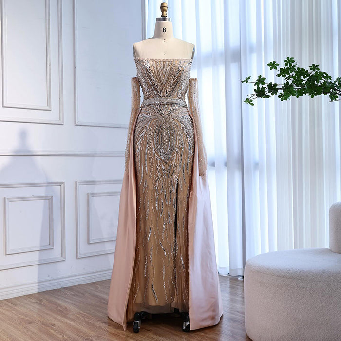 Luxury Wine Red Beaded Evening Dress Gown with Gloves and Overskirt LA72935 SERENE HILL