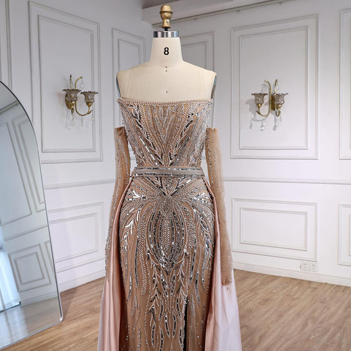 Luxury Wine Red Beaded Evening Dress Gown with Gloves and Overskirt LA72935 SERENE HILL