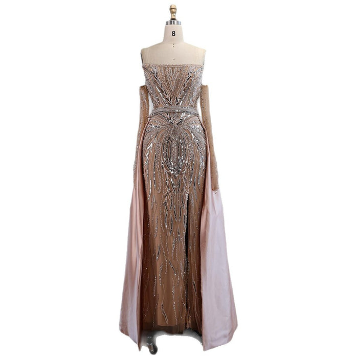Luxury Wine Red Beaded Evening Dress Gown with Gloves and Overskirt LA72935 SERENE HILL