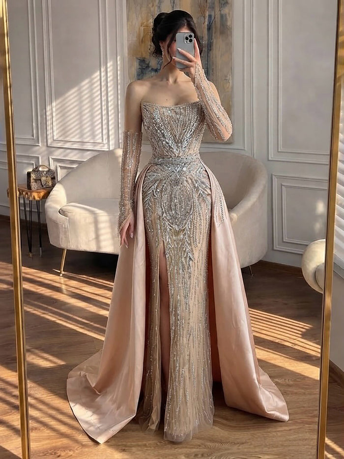 Luxury Wine Red Beaded Evening Dress Gown with Gloves and Overskirt LA72935 SERENE HILL