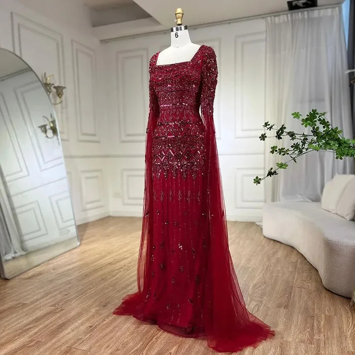 Luxury Wine Red Evening Dress with Cape Sleeves LA72355A - SERENE HILL