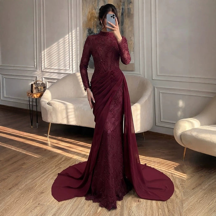 Luxury Wine Red High Neck Beaded Lace Mermaid Evening Dress LA73407B SERENE HILL