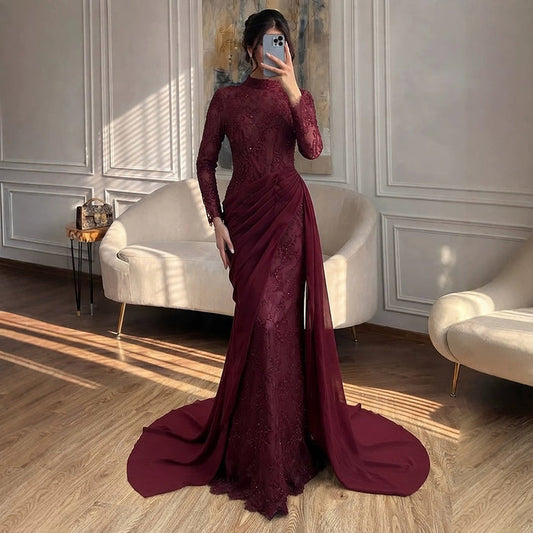 Luxury Wine Red High Neck Beaded Lace Mermaid Evening Dress LA73407B SERENE HILL