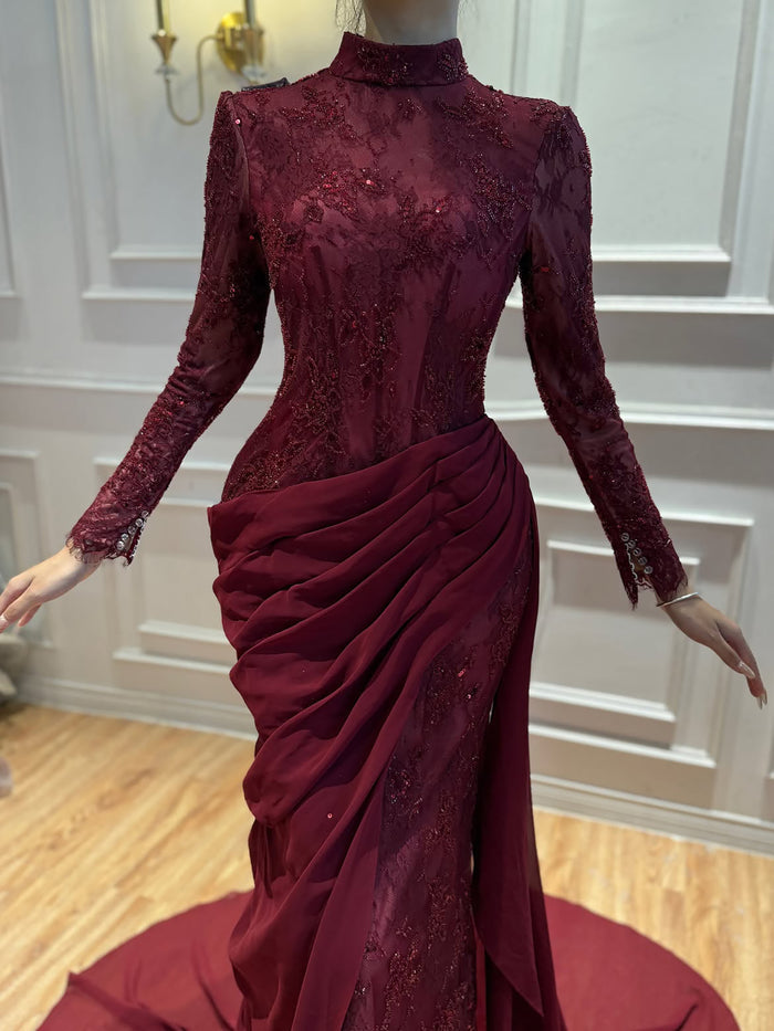 Luxury Wine Red High Neck Beaded Lace Mermaid Evening Dress LA73407B SERENE HILL