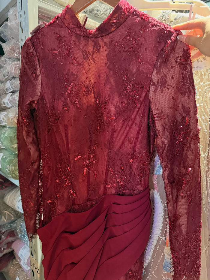 Luxury Wine Red High Neck Beaded Lace Mermaid Evening Dress LA73407B SERENE HILL