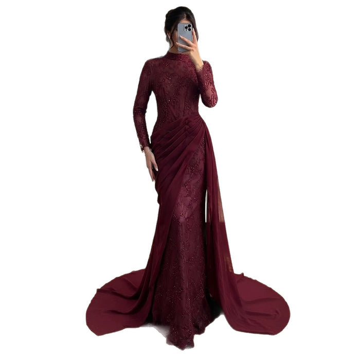 Luxury Wine Red High Neck Beaded Lace Mermaid Evening Dress LA73407B SERENE HILL