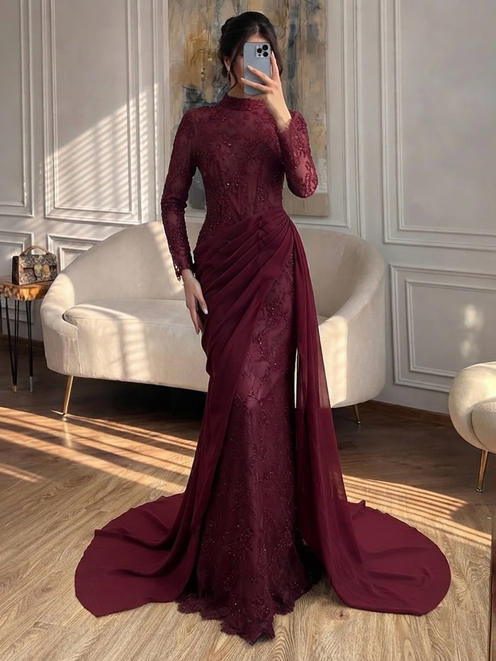 Luxury Wine Red High Neck Beaded Lace Mermaid Evening Dress LA73407B SERENE HILL