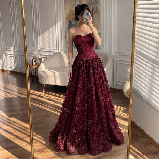 Luxury Wine Red Strapless Beaded Corset A-Line Evening Dress LA73775 SERENE HILL