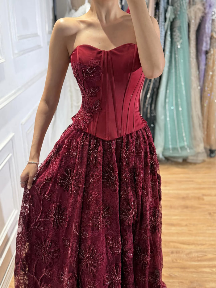 Luxury Wine Red Strapless Beaded Corset A-Line Evening Dress LA73775 SERENE HILL