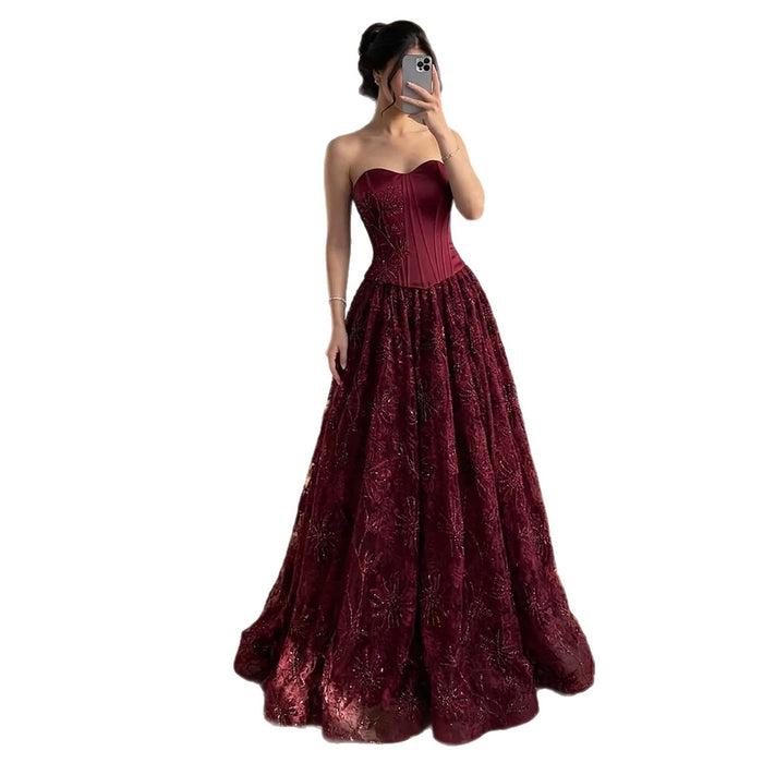 Luxury Wine Red Strapless Beaded Corset A-Line Evening Dress LA73775 SERENE HILL