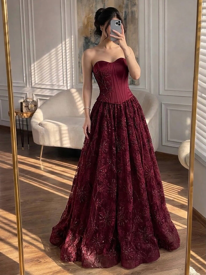 Luxury Wine Red Strapless Beaded Corset A-Line Evening Dress LA73775 SERENE HILL