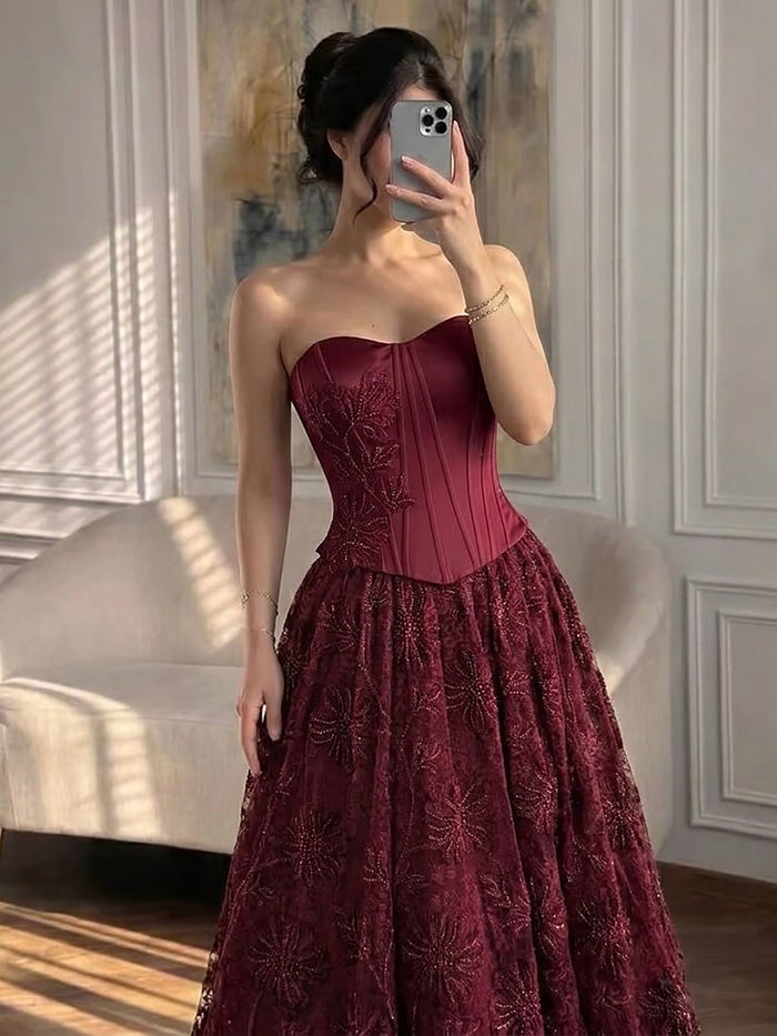 Luxury Wine Red Strapless Beaded Corset A-Line Evening Dress LA73775 SERENE HILL