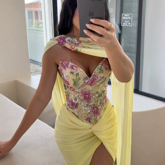 Luxury Yellow Floral Embroidered Corset Evening Gown with Cape LA73810 SERENE HILL