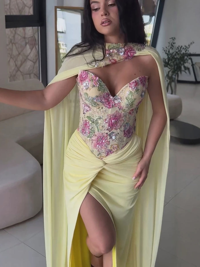 Luxury Yellow Floral Embroidered Corset Evening Gown with Cape LA73810 SERENE HILL
