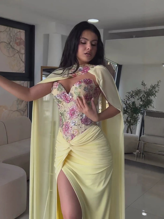 Luxury Yellow Floral Embroidered Corset Evening Gown with Cape LA73810 SERENE HILL