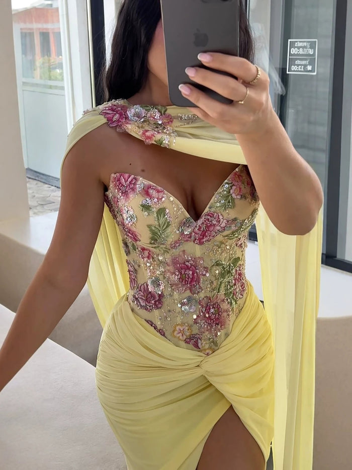 Luxury Yellow Floral Embroidered Corset Evening Gown with Cape LA73810 SERENE HILL