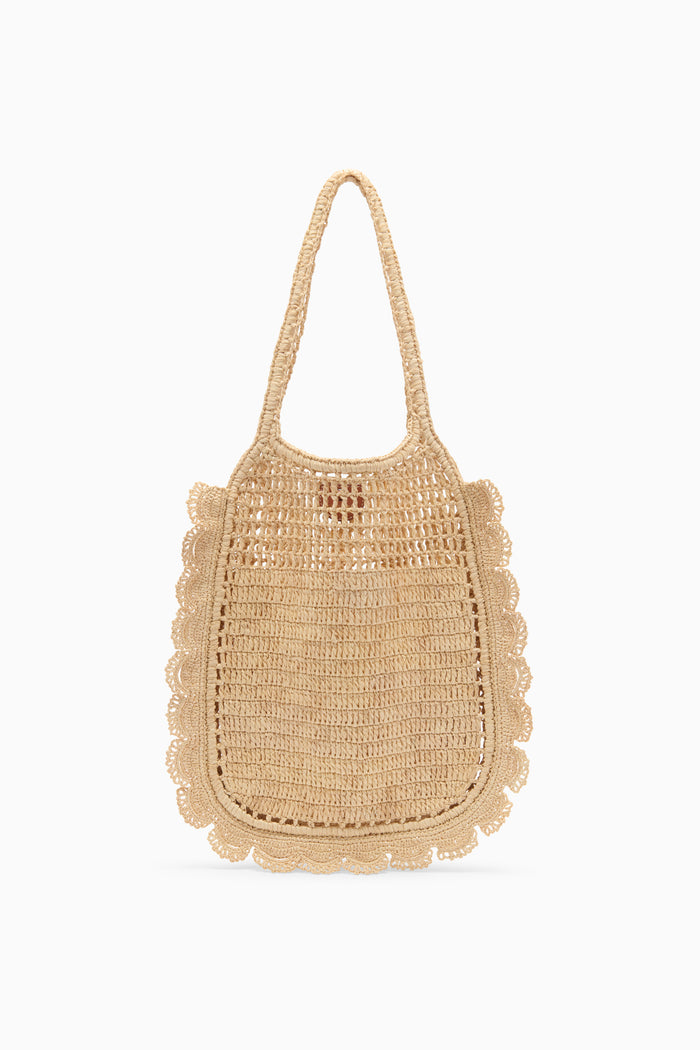 Natural Hand-Crocheted Raffia Flat Tote with Scalloped Edge - Front View | Ulla Johnson