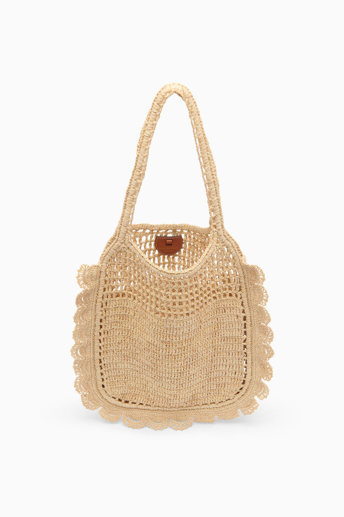 Natural Hand-Crocheted Raffia Flat Tote with Leather Clasp - Front View | Ulla Johnson