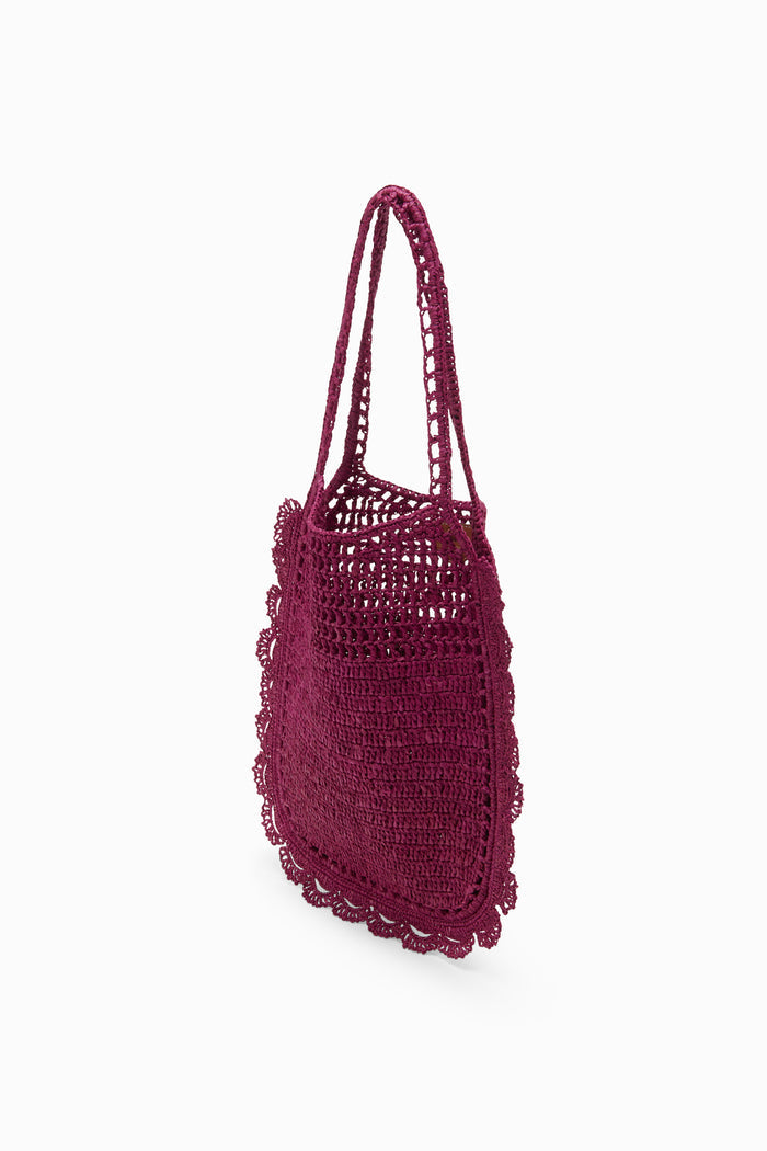 Orchid Designer Raffia Flat Tote with Scalloped Edge - Side Angle | Ulla Johnson