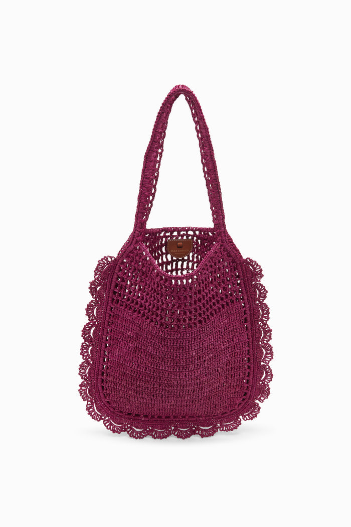 Orchid Luxury Raffia Flat Tote with Logo Hardware - Front View | Ulla Johnson