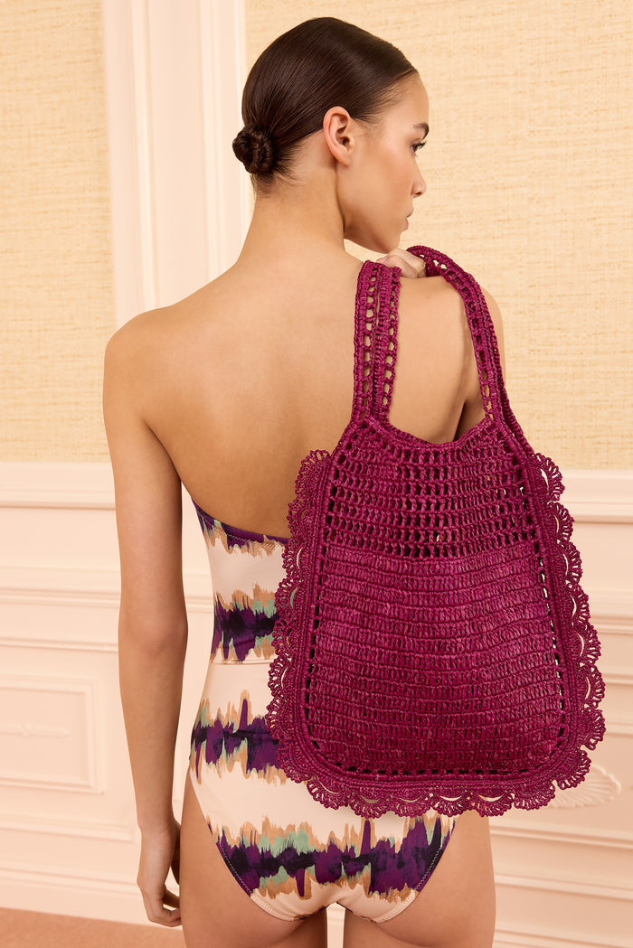 Orchid Hand-Crocheted Raffia Tote On Model, Back View with Scalloped Border | Ulla Johnson