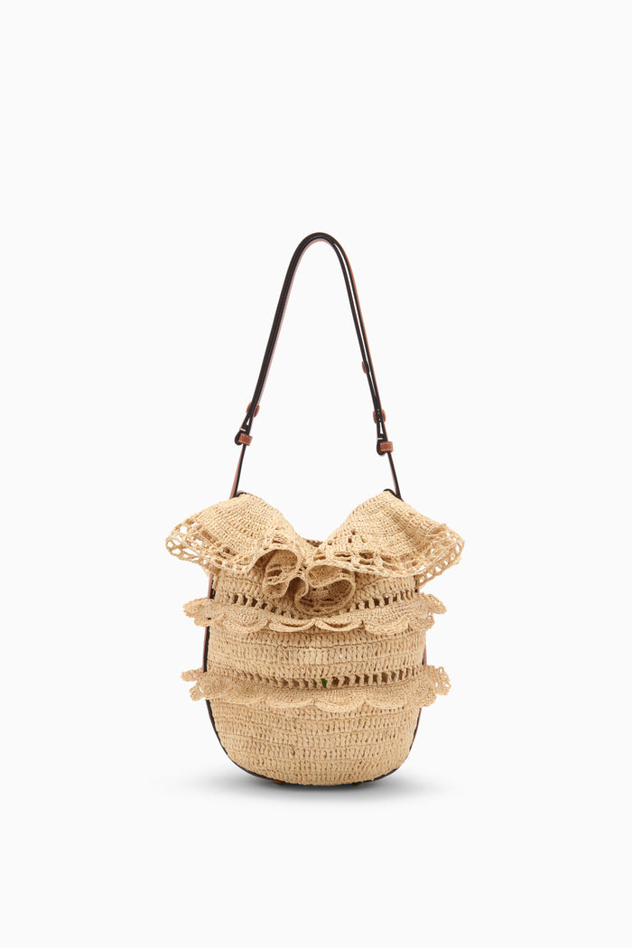 Natural Hand-Crocheted Raffia Ruffle Bucket Bag - Front View | Ulla Johnson