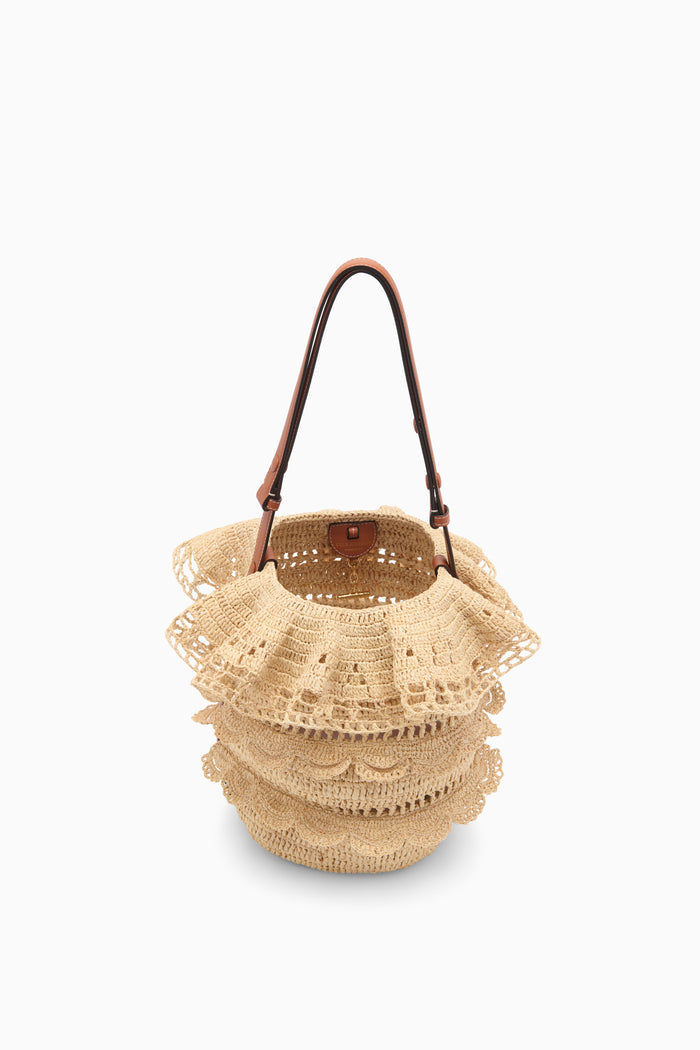 Natural Luxury Raffia Bucket Bag - Open Top View with T-Bar Closure Detail | Ulla Johnson