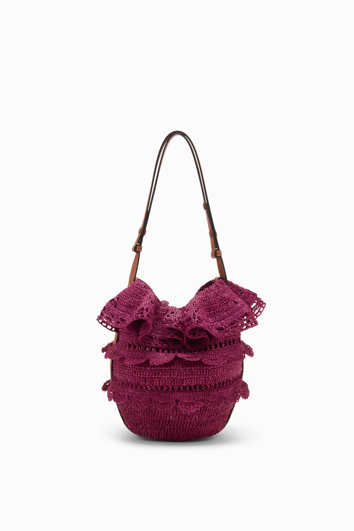 Orchid Hand-Crocheted Raffia Ruffle Bucket Bag - Front View | Ulla Johnson
